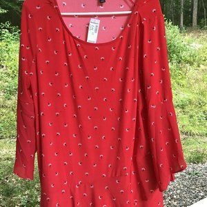 Roz & Ali Womens Red Floral Casual Top blouse 1X